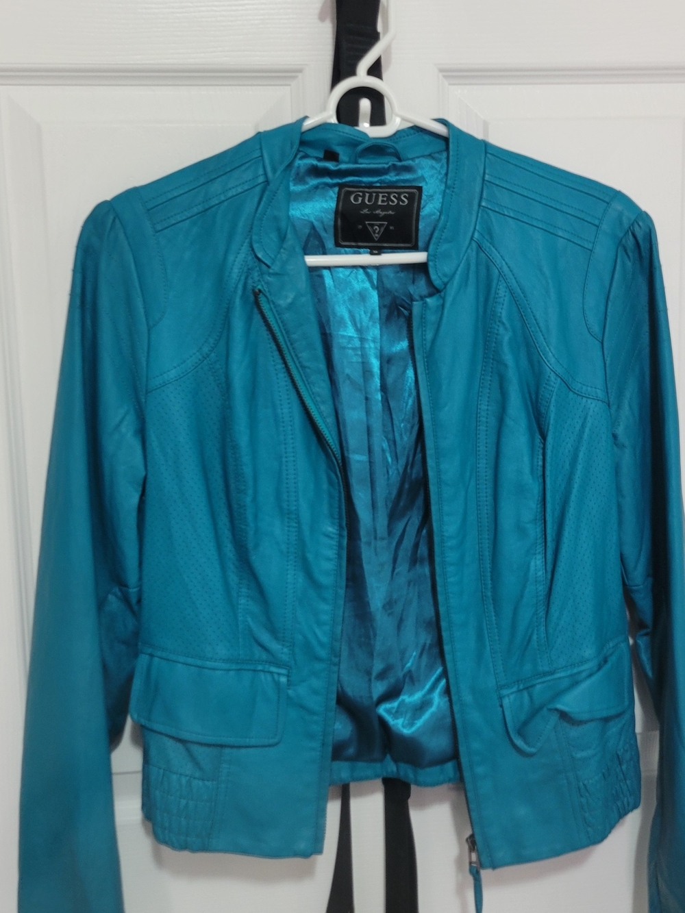 GUESS Women's Teal Blue Faux Leather Jacket